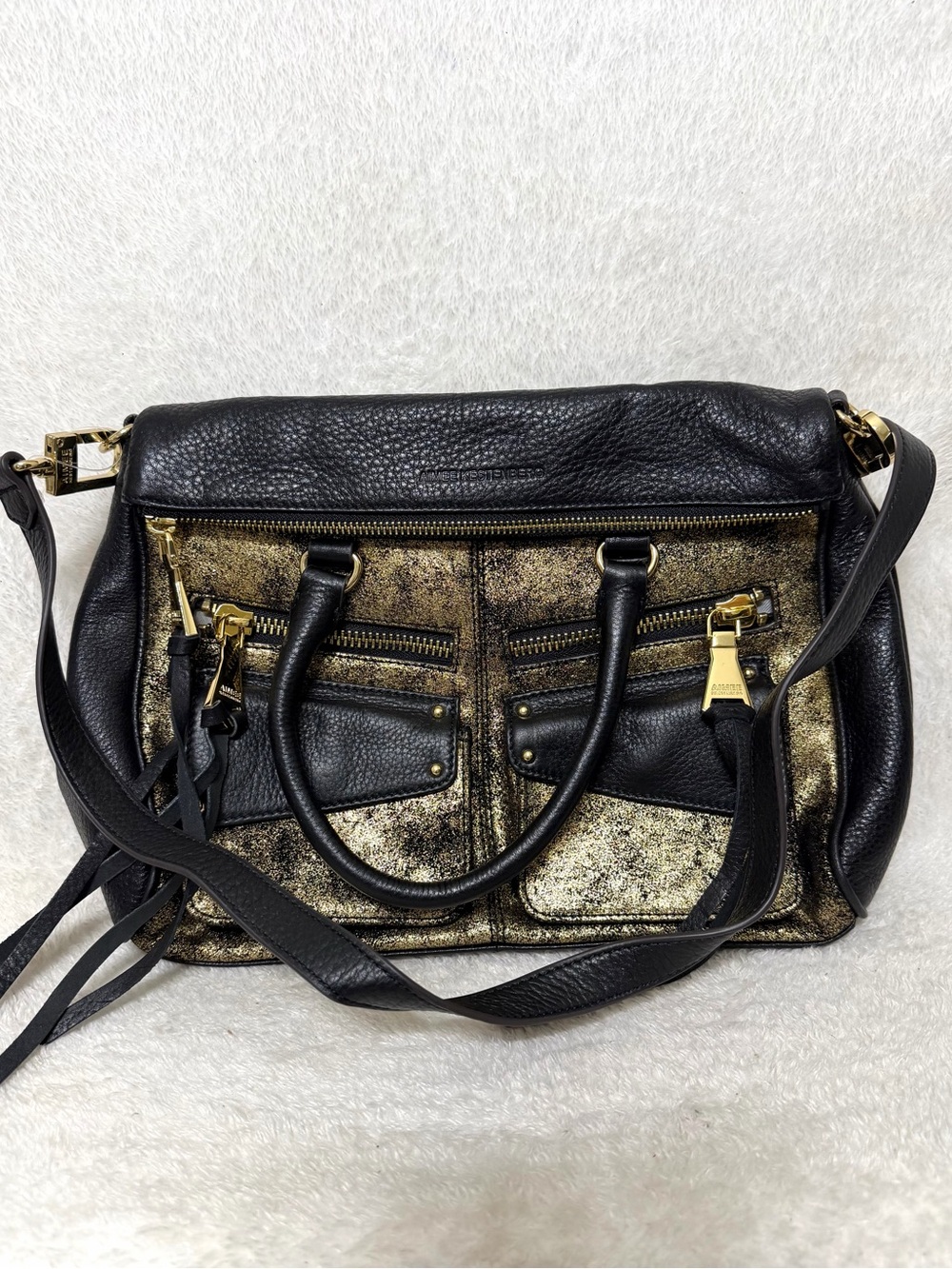 Aimee Kestenberg Leather Satchel Handbag Purse Black Gold Leather New NWOT